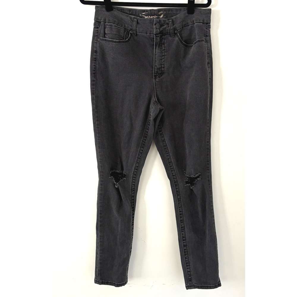 Seven7 Distressed Black Wash High Rise Skinny Jeans Size 14 Ripped Knee